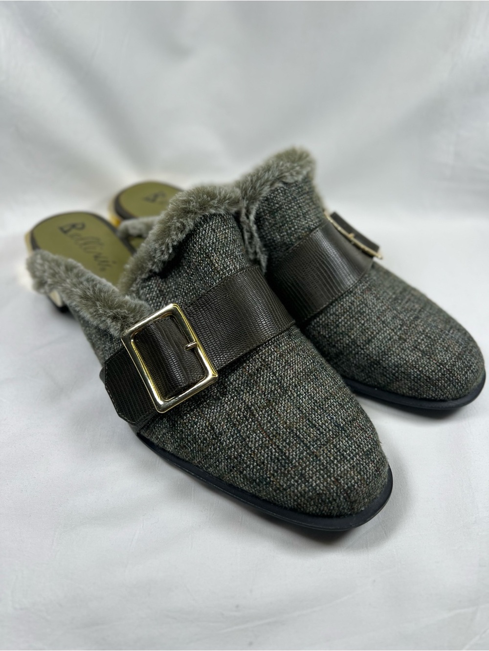 Faux-Fur Trim Tweed Slide Mules with Buckle in Olive
